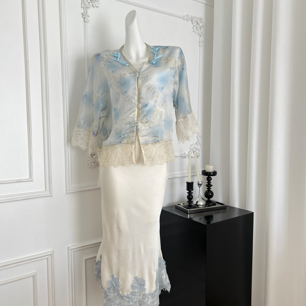 Embroidery summer shirt lace tops a set
