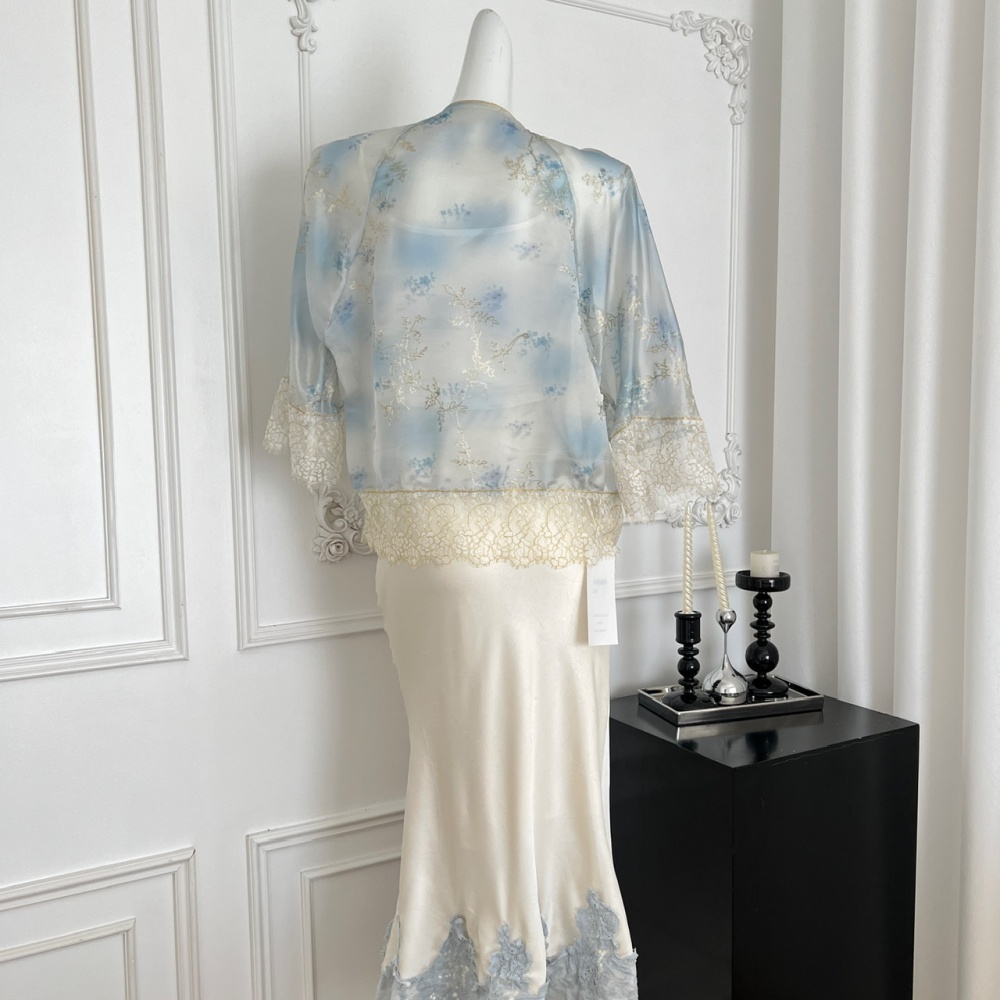 Embroidery summer shirt lace tops a set