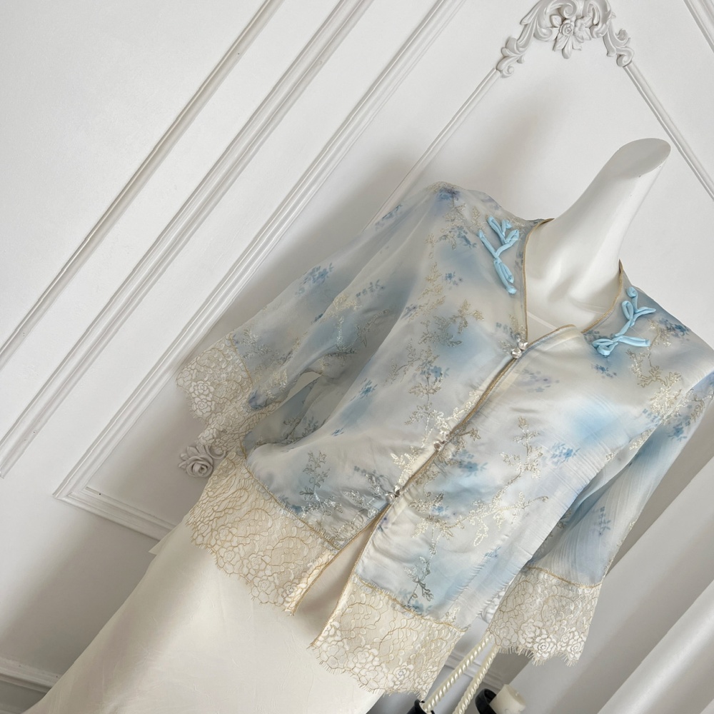 Embroidery summer shirt lace tops a set