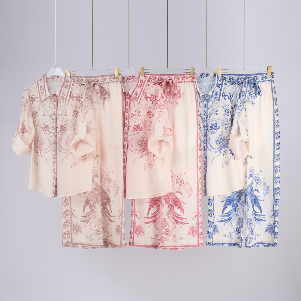 Printing V-neck spring shirt long totem pants a set