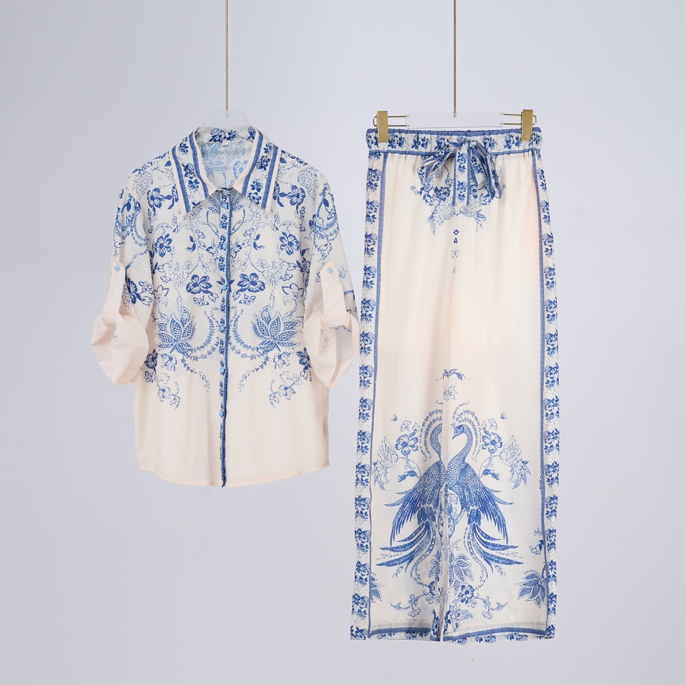 Printing V-neck spring shirt long totem pants a set