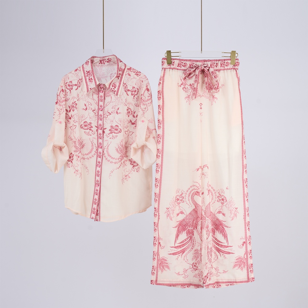 Printing V-neck spring shirt long totem pants a set