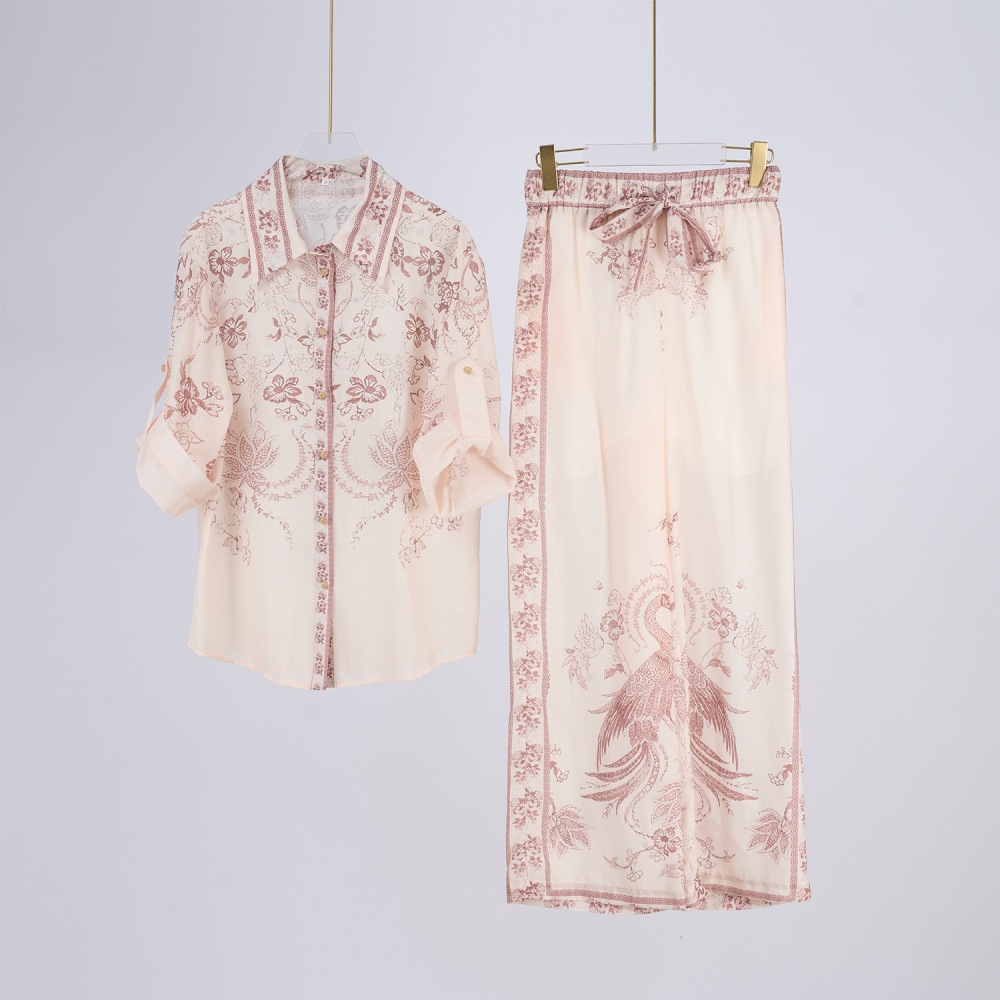 Printing V-neck spring shirt long totem pants a set