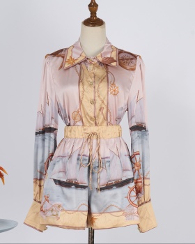 Printing temperament shirt satin shorts a set