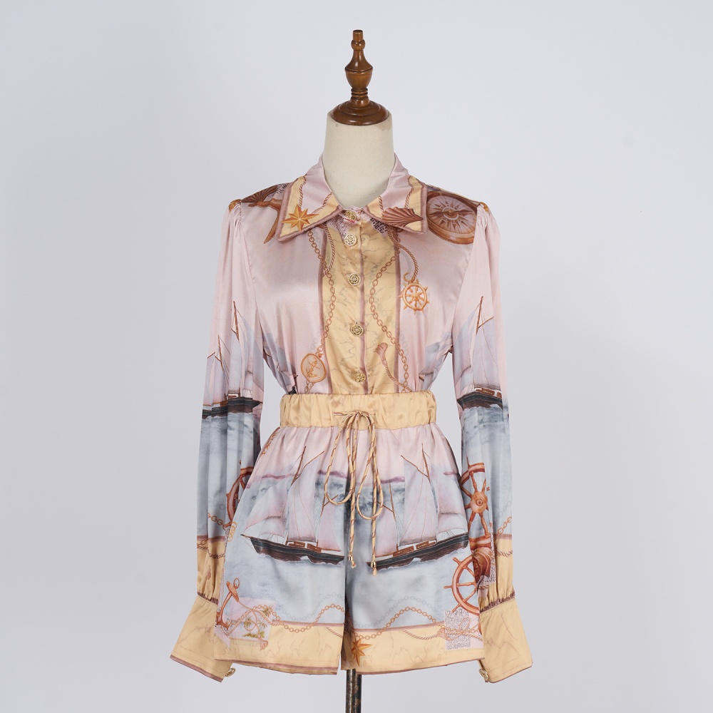 Printing temperament shirt satin shorts a set