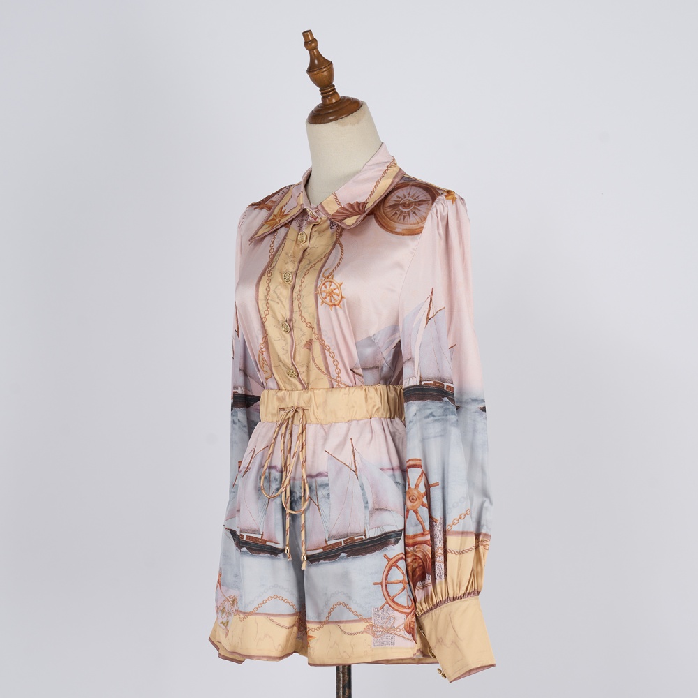 Printing temperament shirt satin shorts a set