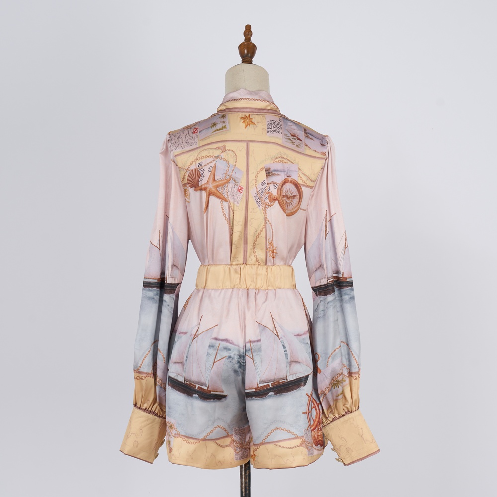 Printing temperament shirt satin shorts a set