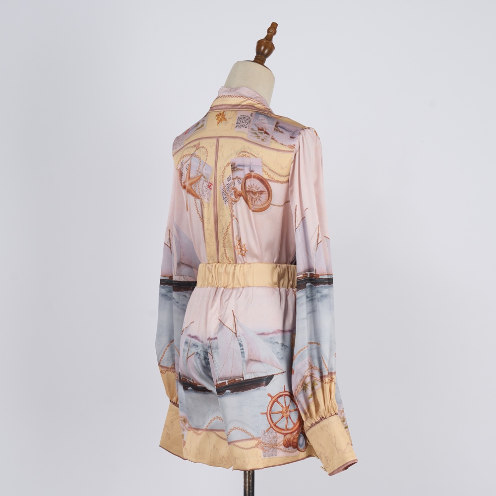Printing temperament shirt satin shorts a set