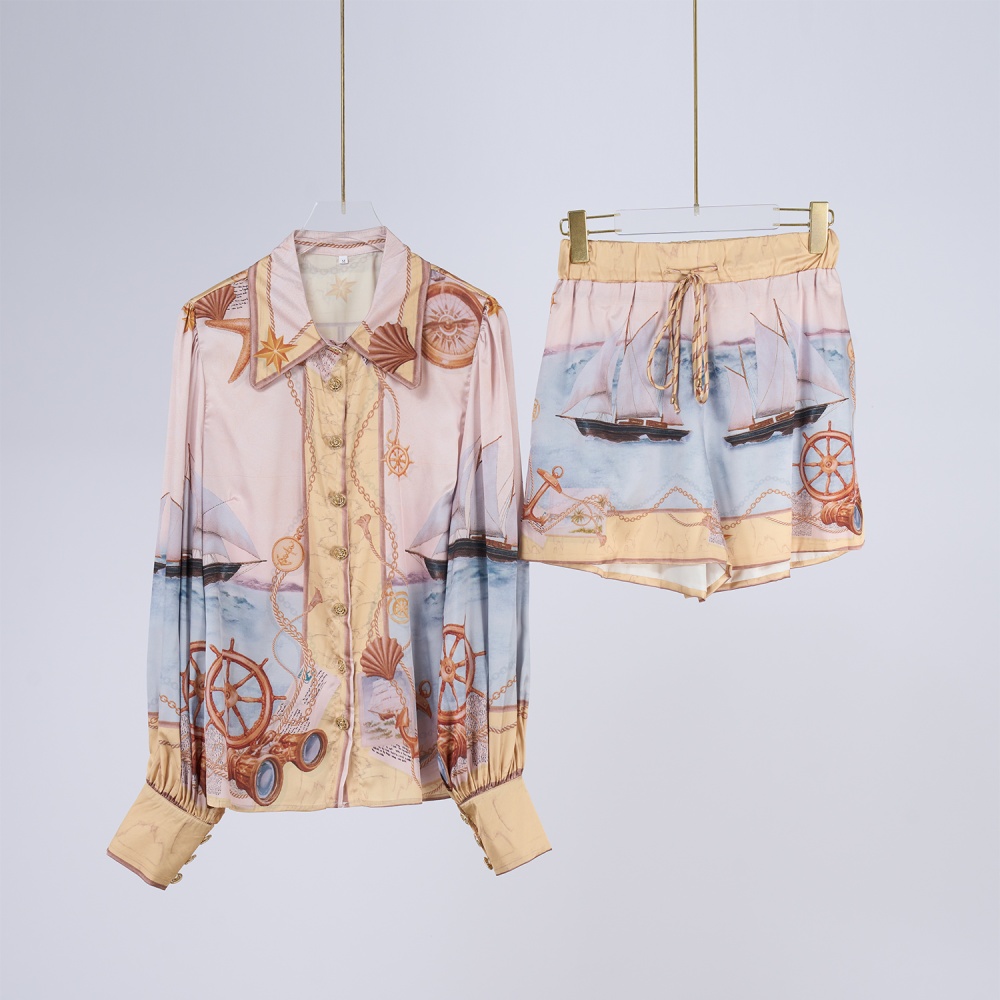 Printing temperament shirt satin shorts a set