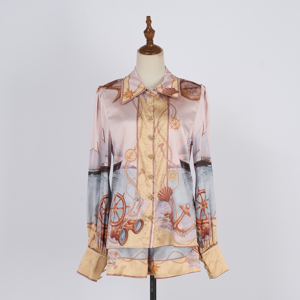 Printing temperament shirt satin shorts a set
