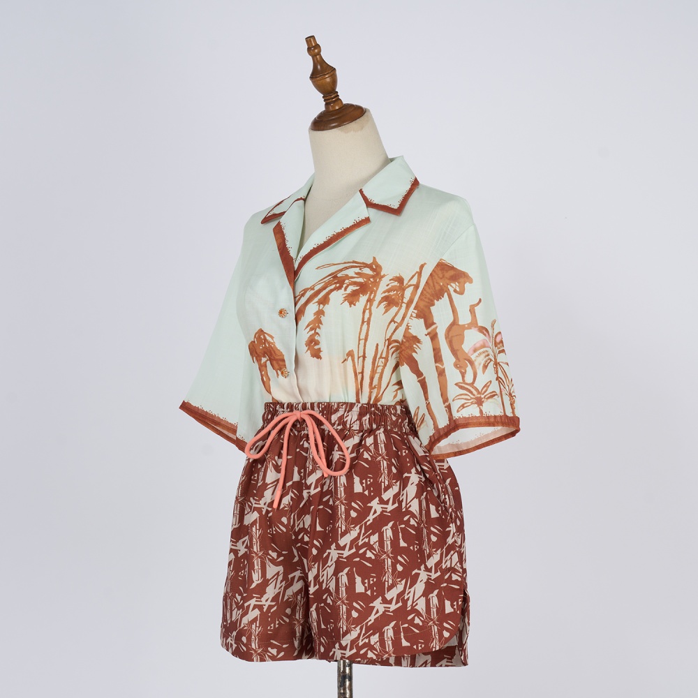 Summer silk shorts pattern short sleeve shirt a set