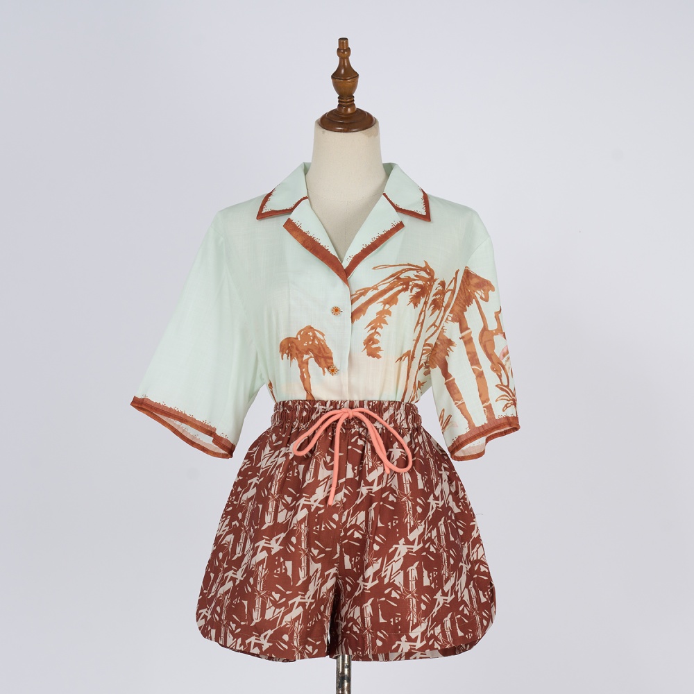 Summer silk shorts pattern short sleeve shirt a set