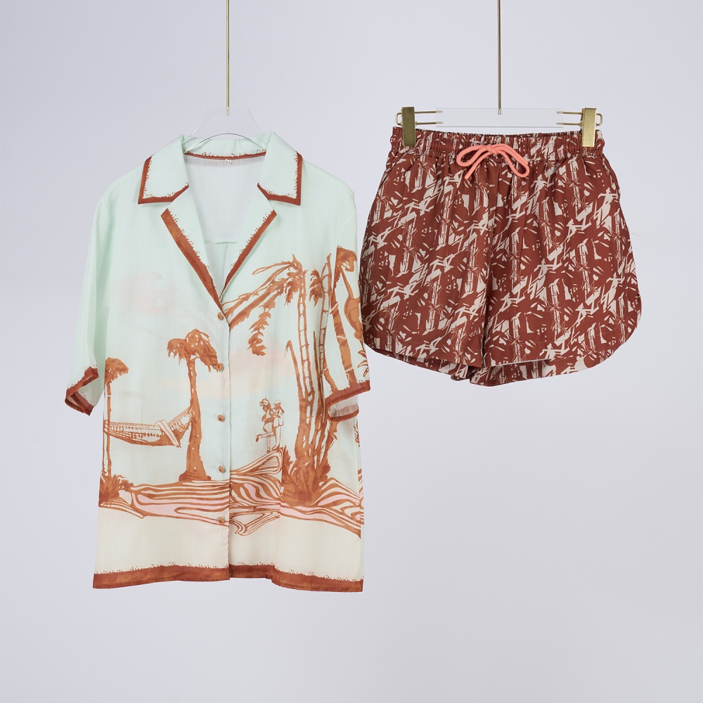 Summer silk shorts pattern short sleeve shirt a set