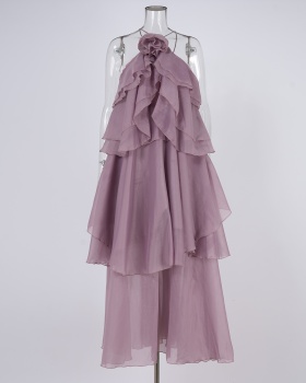 Halter elegant long dress lotus leaf edges dress