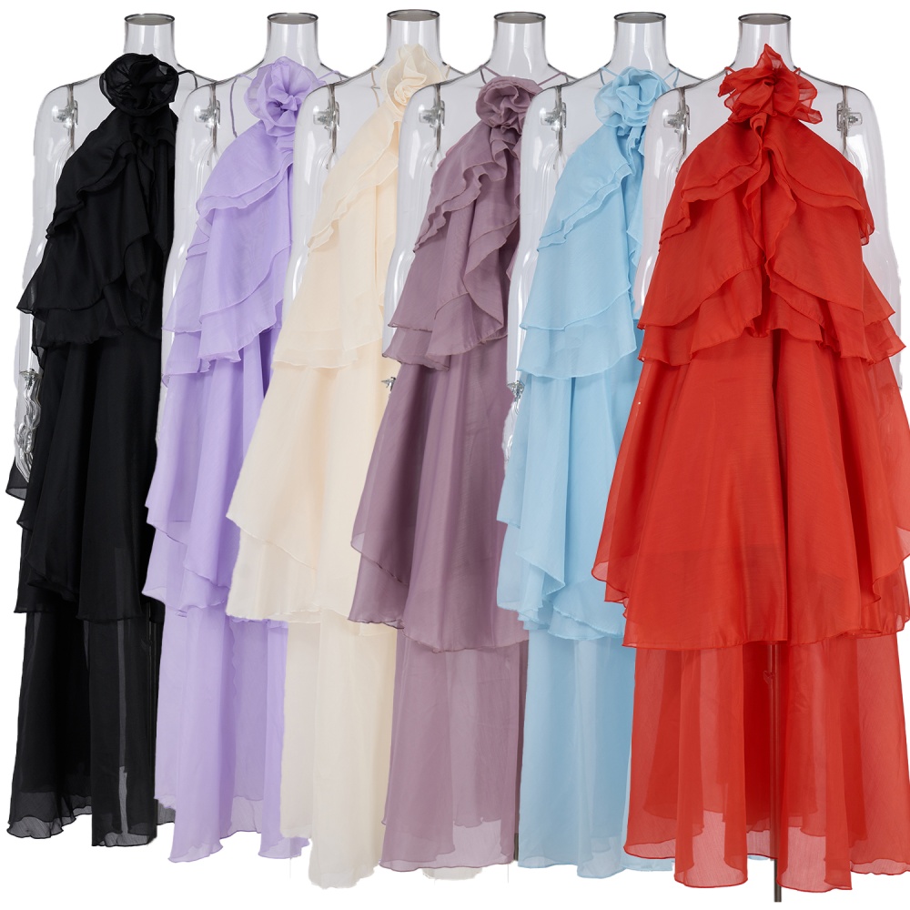 Halter elegant long dress lotus leaf edges dress