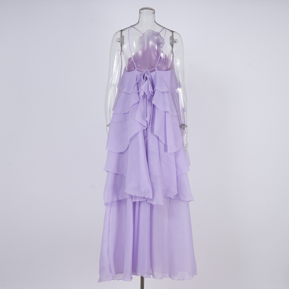 Halter elegant long dress lotus leaf edges dress