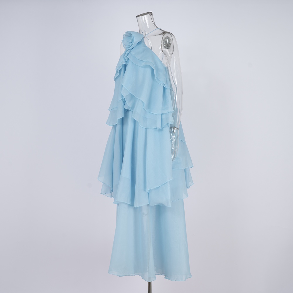 Halter elegant long dress lotus leaf edges dress