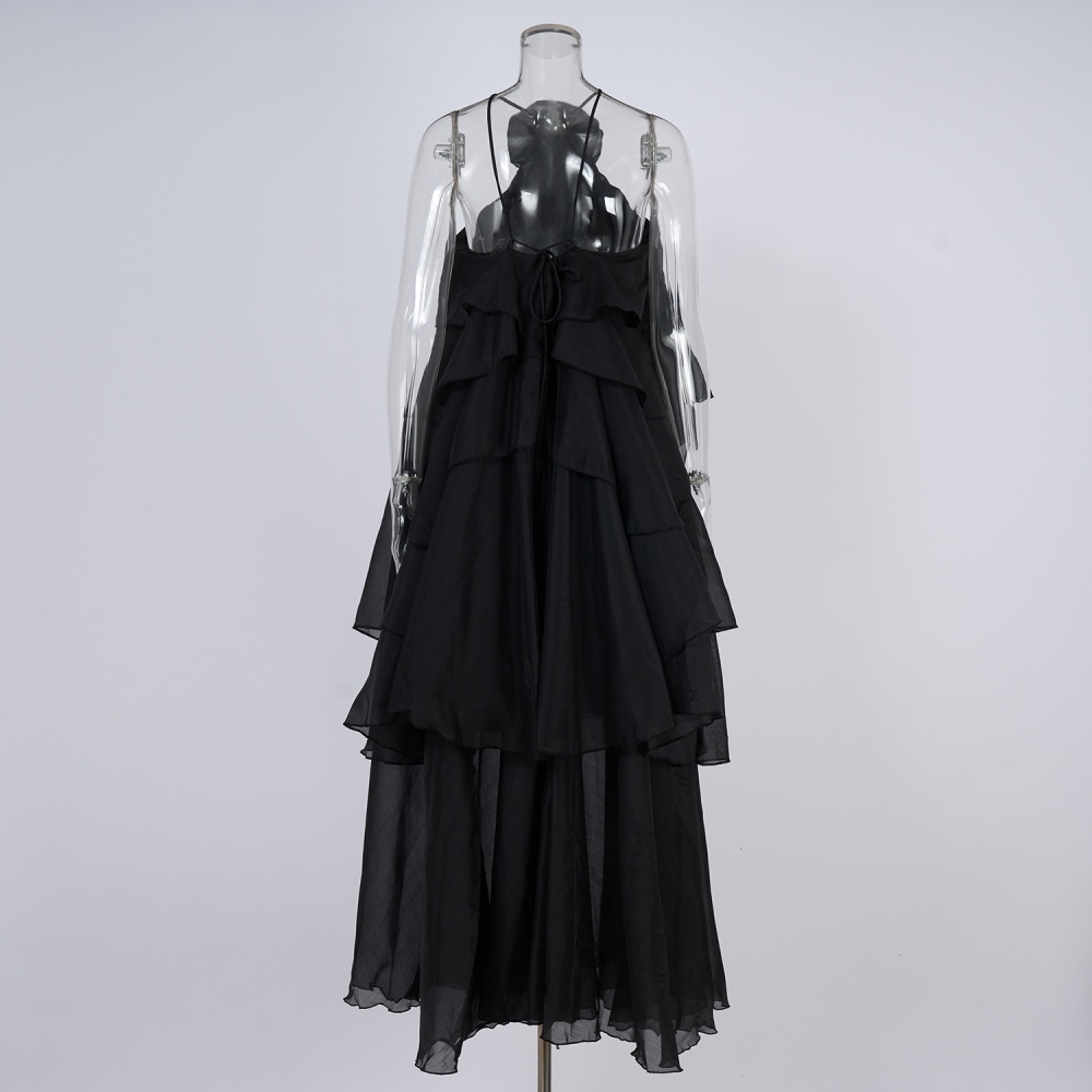 Halter elegant long dress lotus leaf edges dress