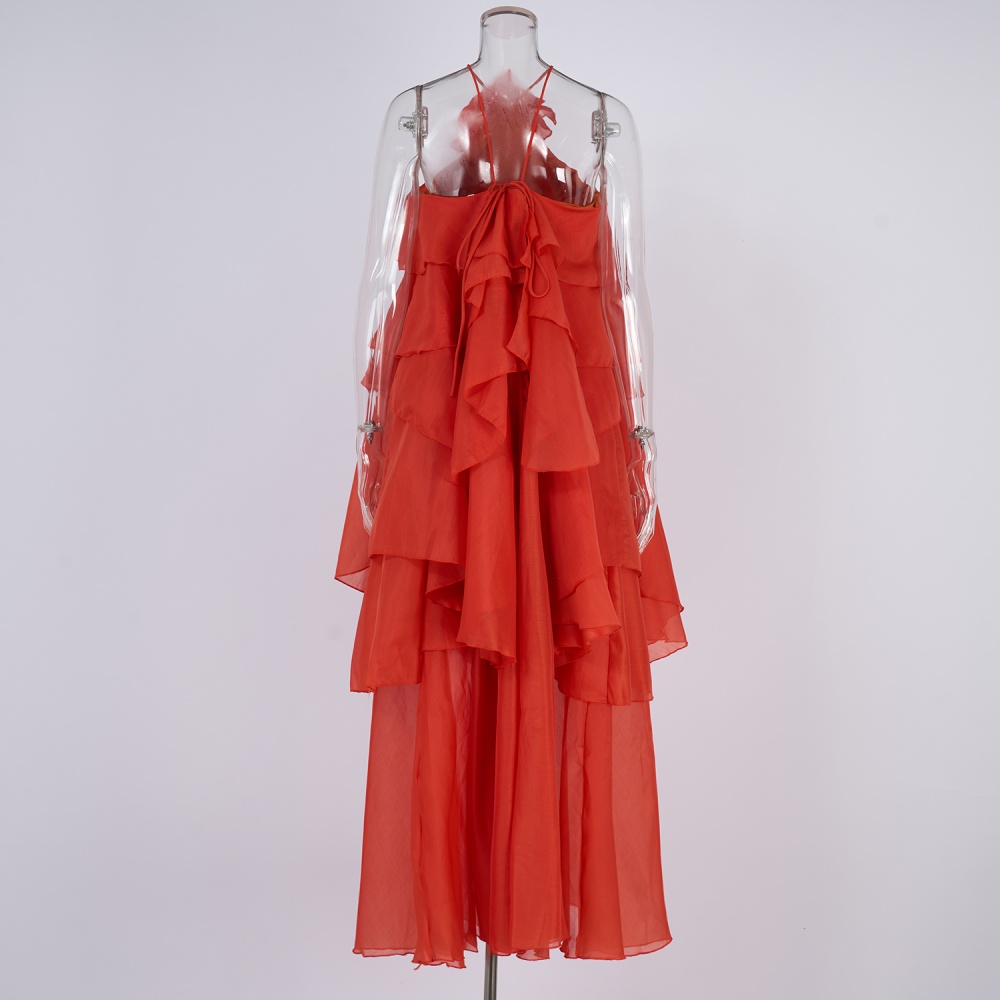 Halter elegant long dress lotus leaf edges dress