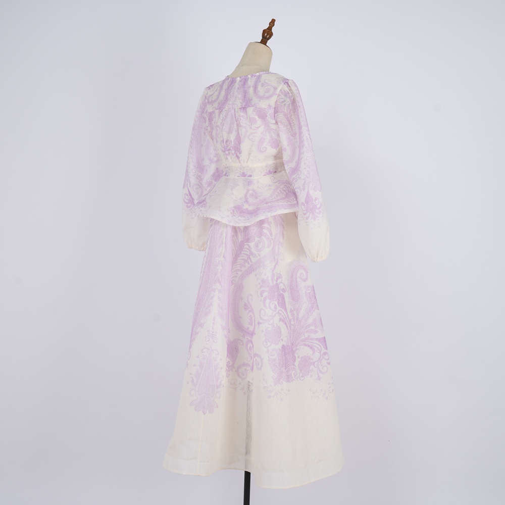 Lotus leaf edges high waist skirt V-neck long tops a set