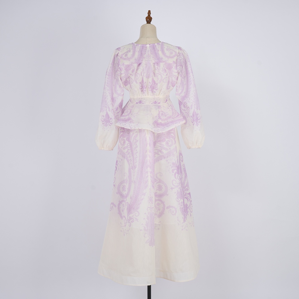 Lotus leaf edges high waist skirt V-neck long tops a set