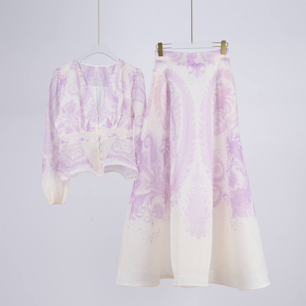 Lotus leaf edges high waist skirt V-neck long tops a set