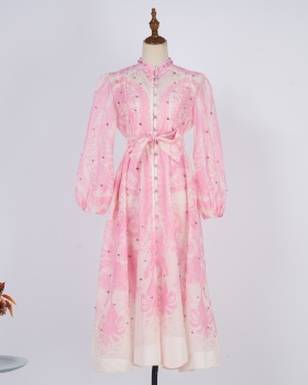Refreshing blue round neck vacation printing dress