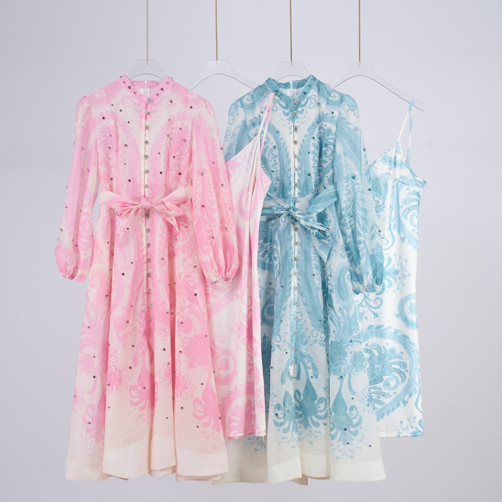 Refreshing blue round neck vacation printing dress