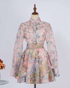 Cstand collar slim skirt high waist retro tops a set for women