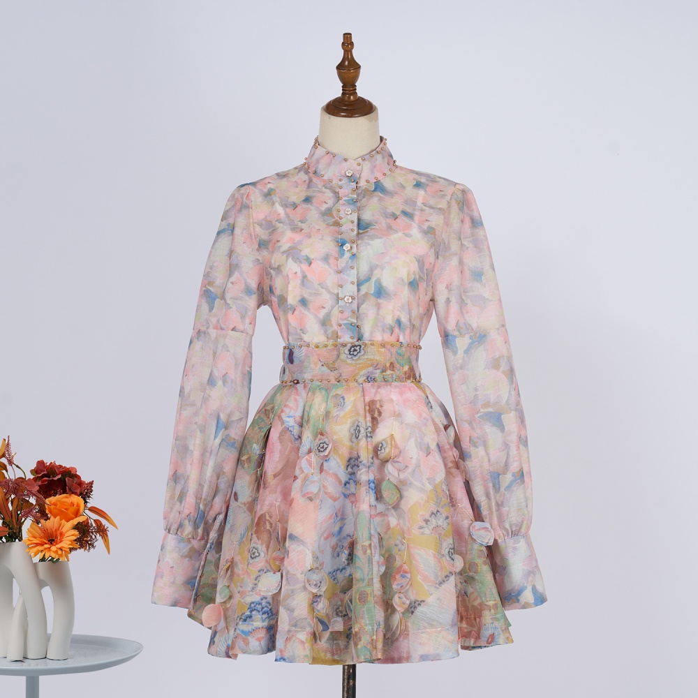 Cstand collar slim skirt high waist retro tops a set for women