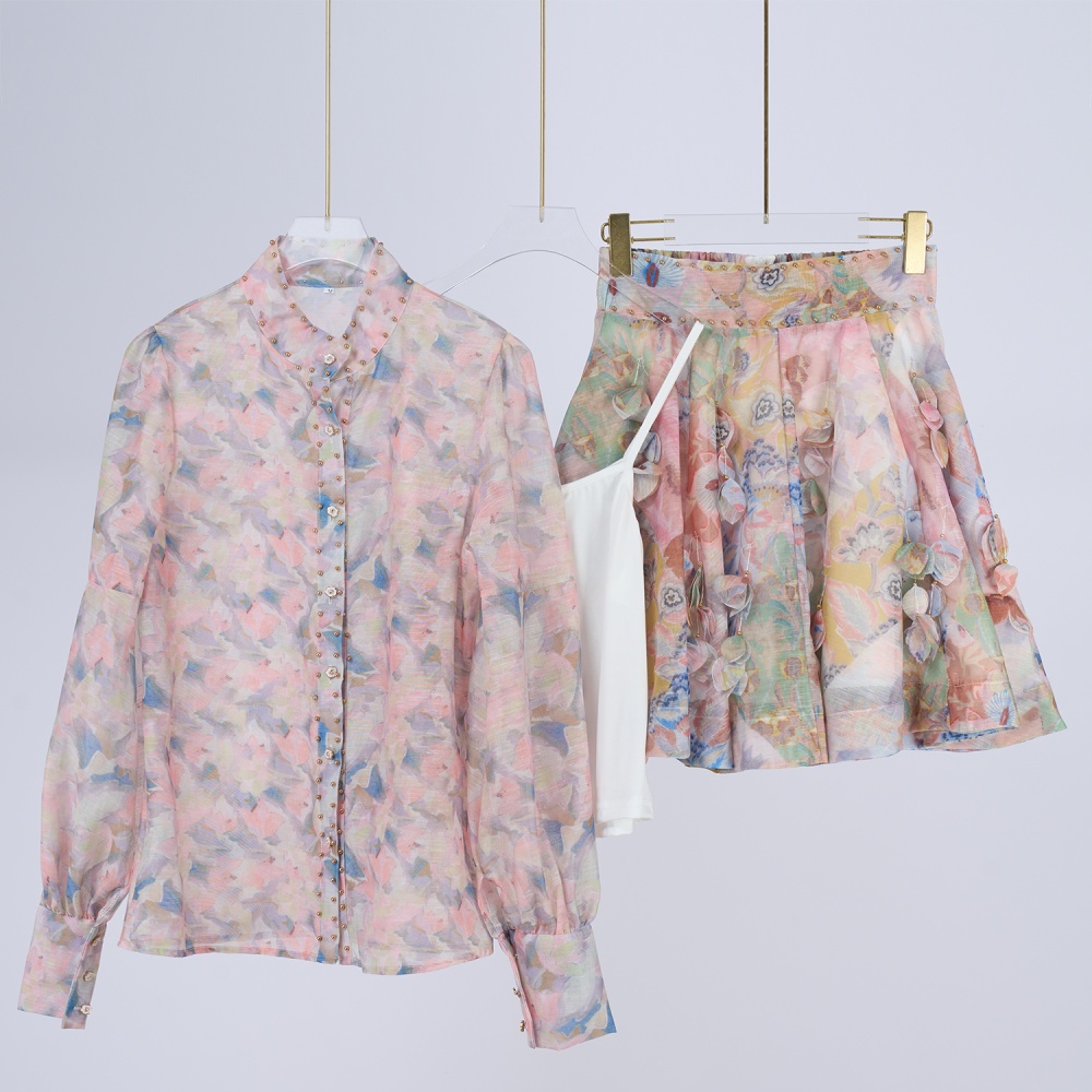 Cstand collar slim skirt high waist retro tops a set for women