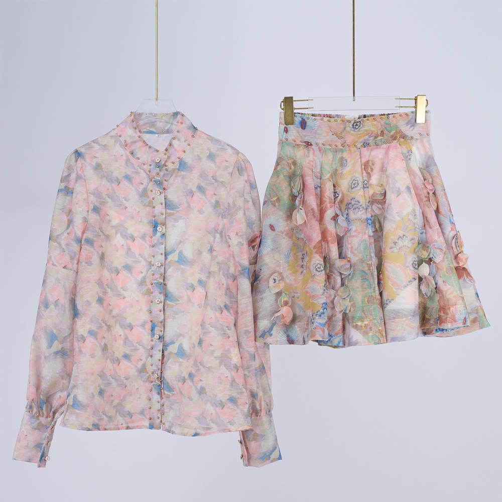 Cstand collar slim skirt high waist retro tops a set for women