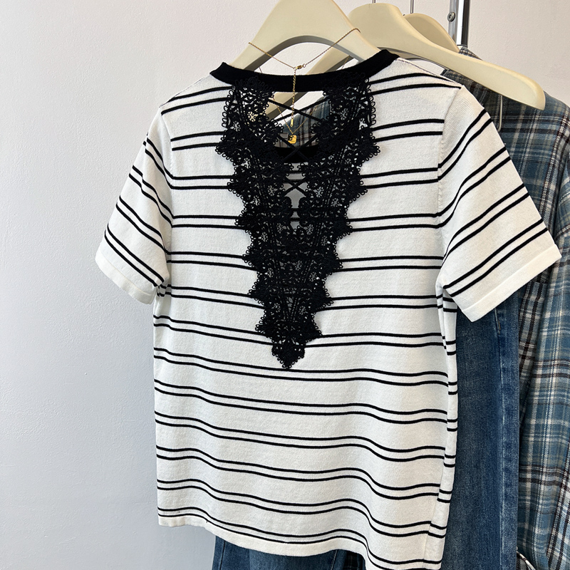 Halter summer thin hollow lace stripe knitted tops
