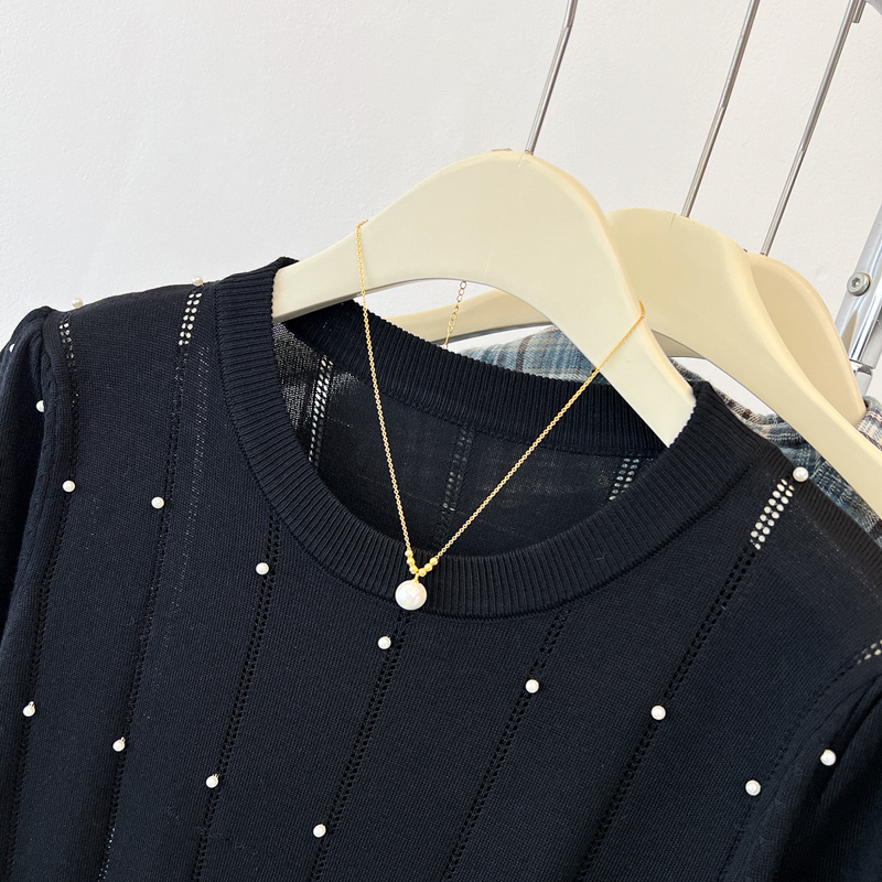 Summer chanelstyle round neck beading tender sweater