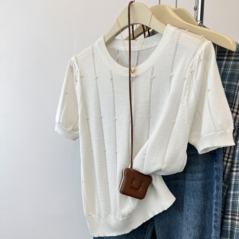 Summer chanelstyle round neck beading tender sweater