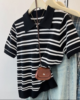 Stripe summer short sleeve tops slim knitted ice silk shirts