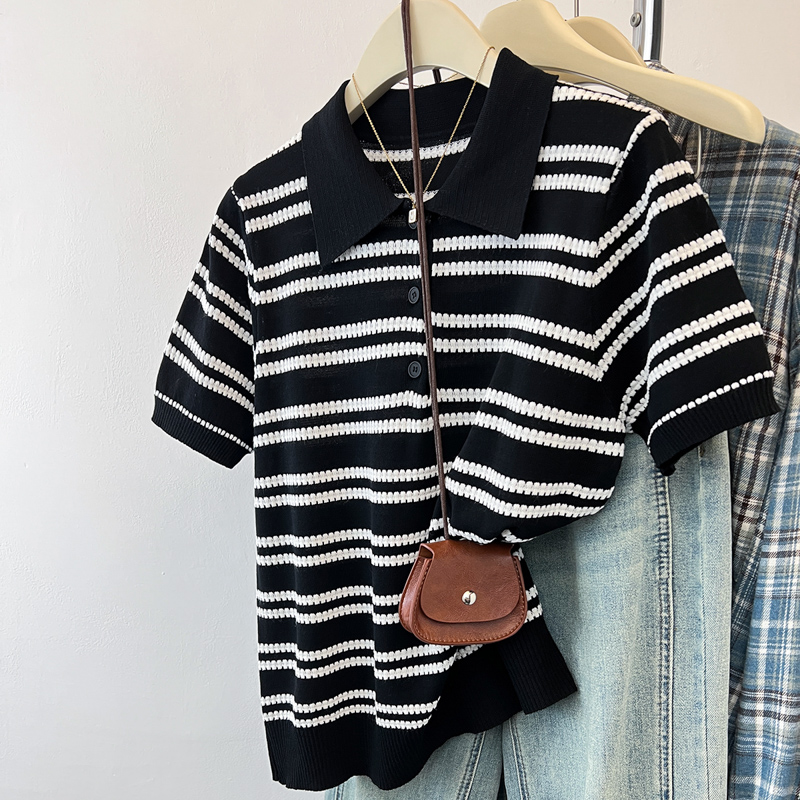 Stripe summer short sleeve tops slim knitted ice silk shirts