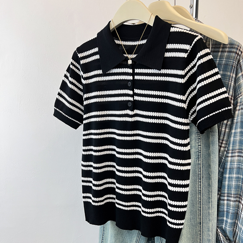 Stripe summer short sleeve tops slim knitted ice silk shirts