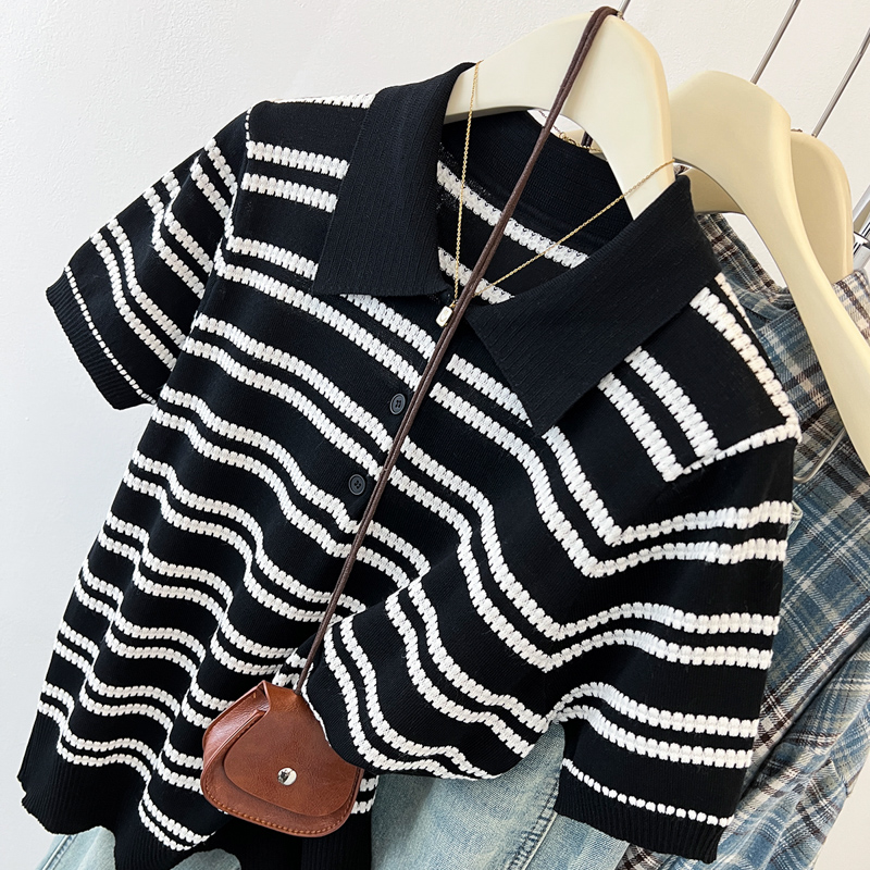 Stripe summer short sleeve tops slim knitted ice silk shirts