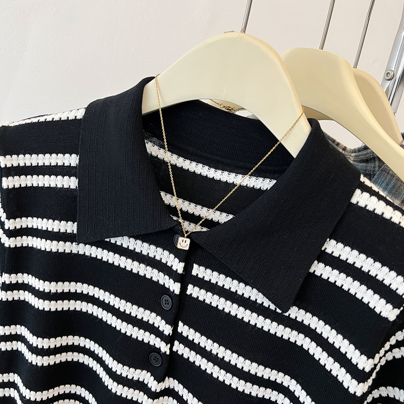 Stripe summer short sleeve tops slim knitted ice silk shirts
