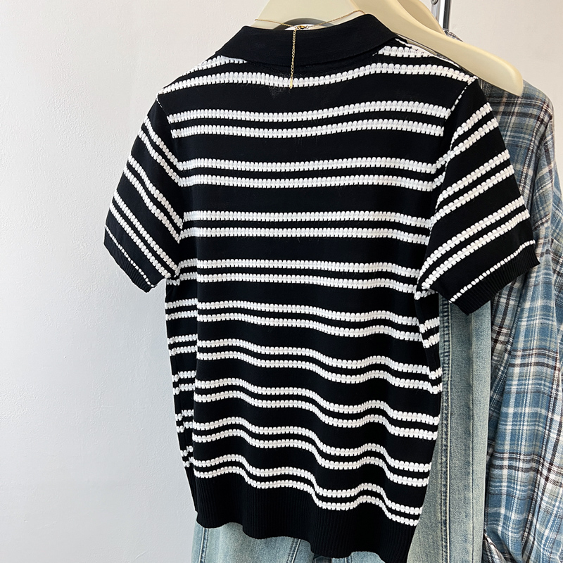 Stripe summer short sleeve tops slim knitted ice silk shirts