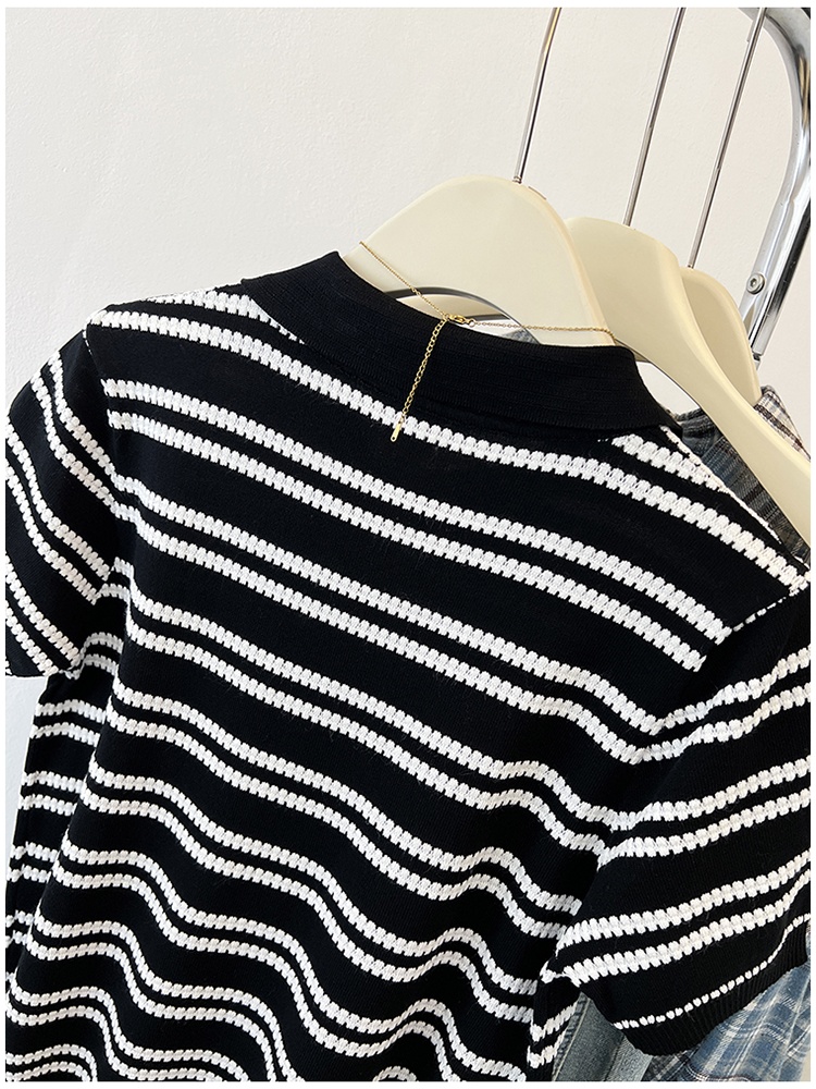 Stripe summer short sleeve tops slim knitted ice silk shirts