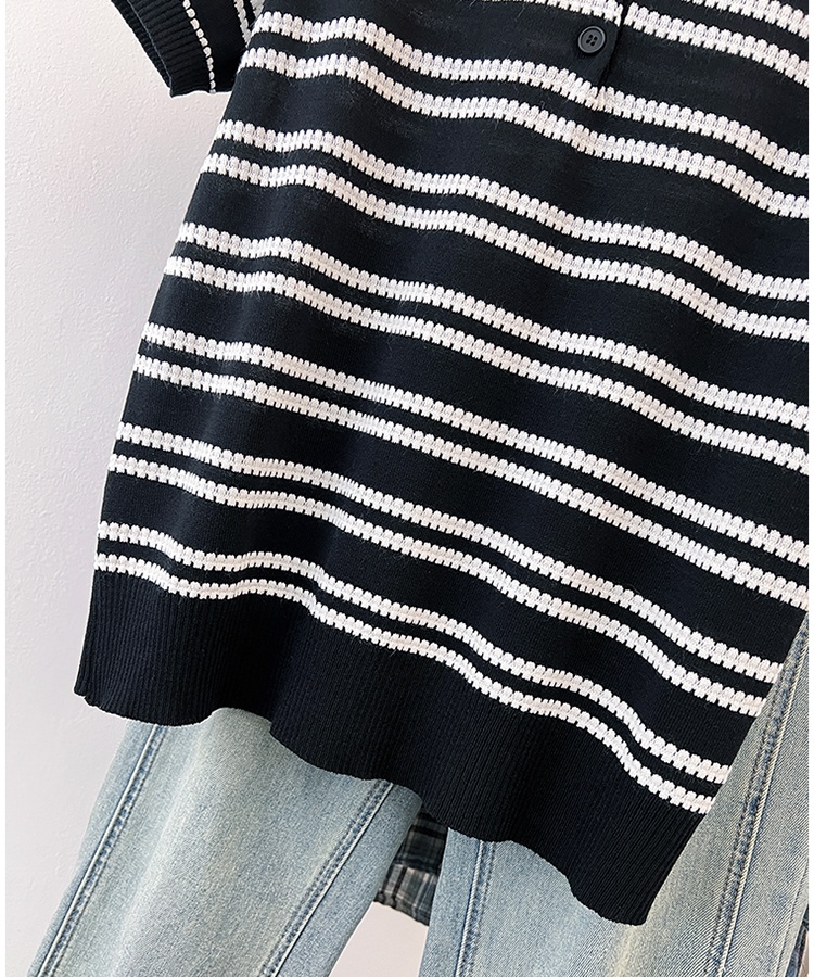 Stripe summer short sleeve tops slim knitted ice silk shirts