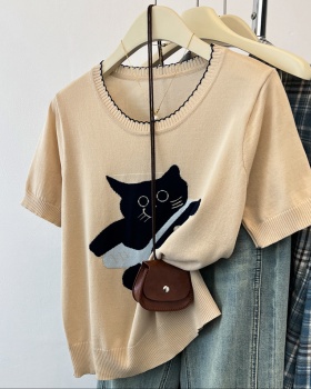 Summer embroidered knitted T-shirt gray kitty tops