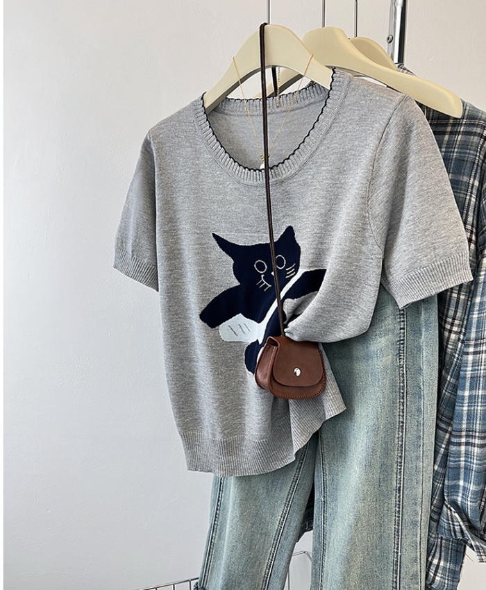 Summer embroidered knitted T-shirt gray kitty tops