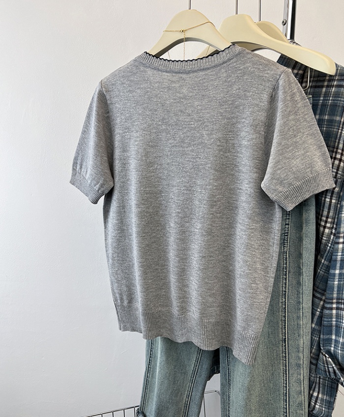 Summer embroidered knitted T-shirt gray kitty tops