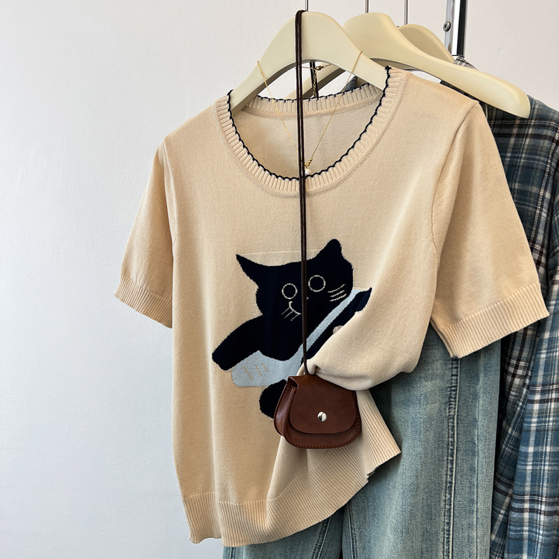Summer embroidered knitted T-shirt gray kitty tops