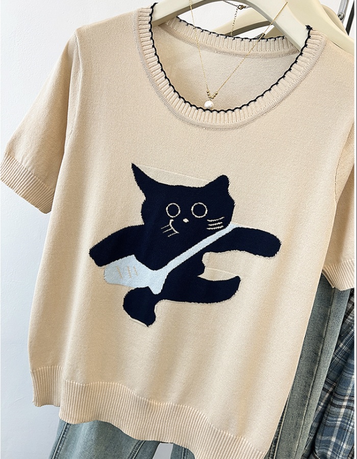 Summer embroidered knitted T-shirt gray kitty tops