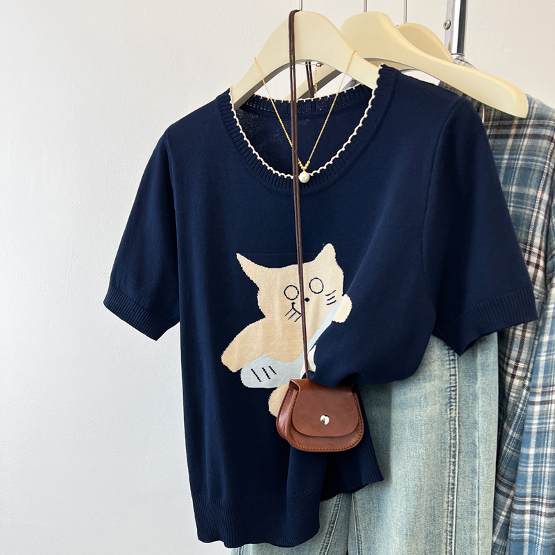 Summer embroidered knitted T-shirt gray kitty tops