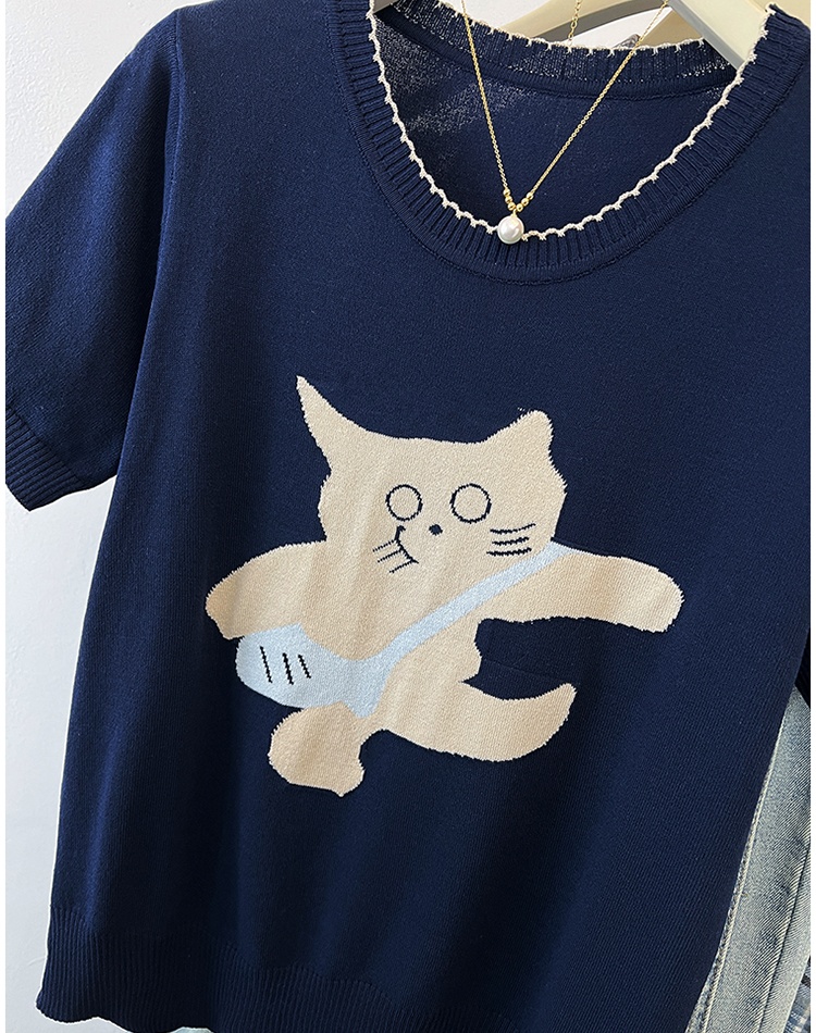 Summer embroidered knitted T-shirt gray kitty tops